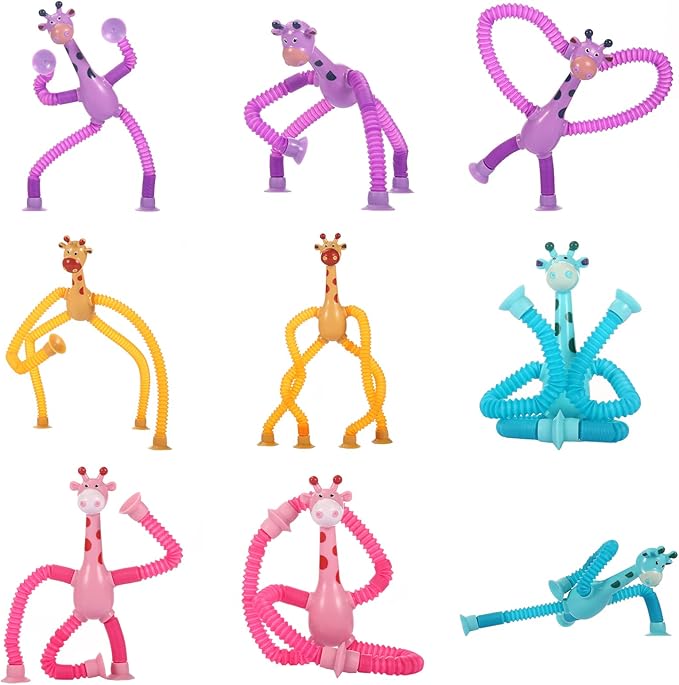 XONTEUS 4 Pcs Pop Tubes Giraffe Travel Airplane Road Trip Car Activities Essential ,Telescopic Suction Cup Sensory Fidget Toys,Screen-Free Activity for Boy & Girl , Stocking Stuffers for Kids