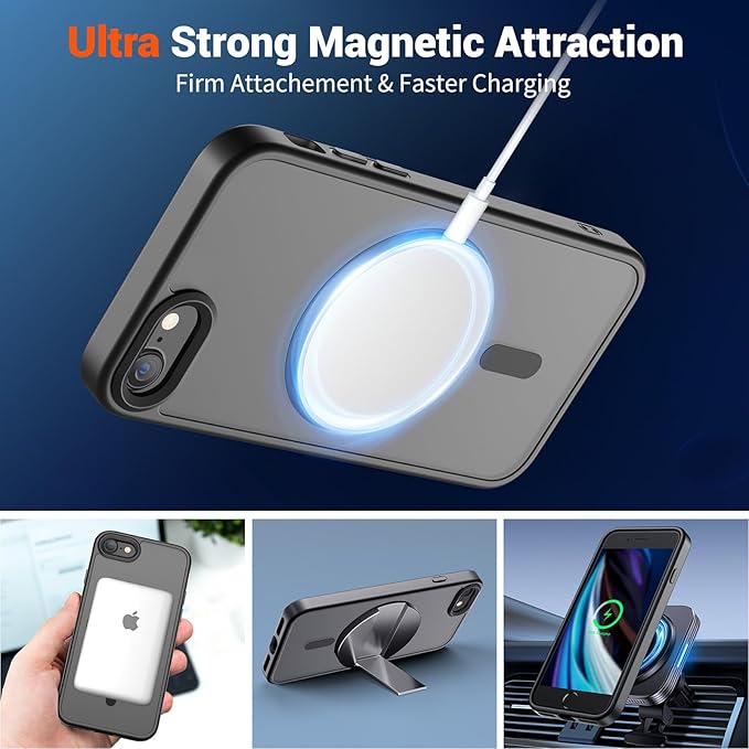 SUPFINE Magnetic for iPhone SE Case 2022 (3rd)/2020 (2nd), iPhone 8 Case (Compatible with MagSafe) (Military Grade Drop Protection) Translucent Matte Phone Cover,Black