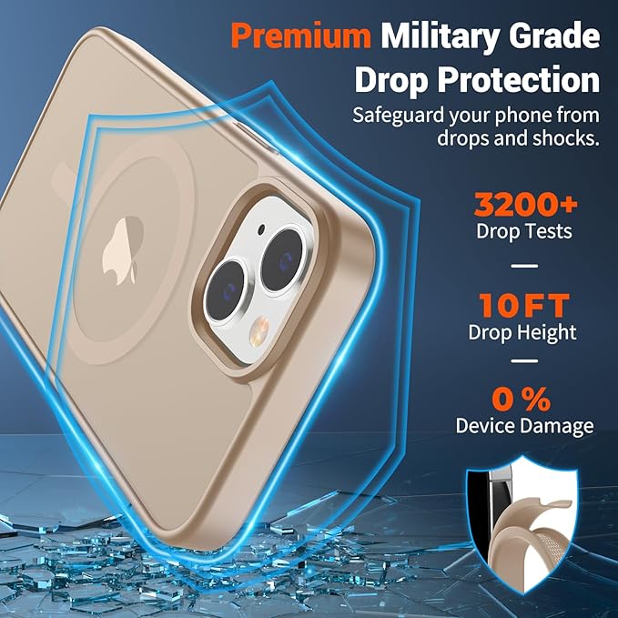 SUPFINE Magnetic for iPhone 15 Case(Compatible with MagSafe)(Military Grade Drop Protection) Slim Translucent Matte Shockproof with Anti-Fingerprint Phone Case,Desert Gold
