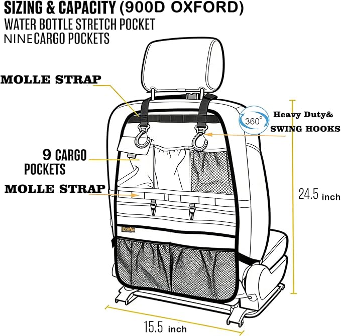 ECWKVN Car Seat Back Organizer, Heavy Duty Back Seat Organizer with Multiple Storage Pockets, Work Truck & SUV Seat Back Storage Bag for Tools, Tablet, Bottles & Essentials – Universal Fit