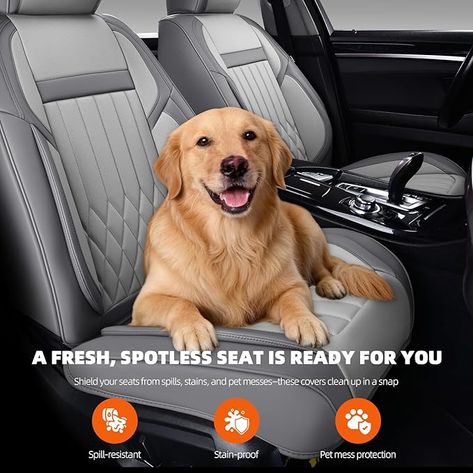 KEYOOG Universal 2-Seater Waterproof Breathable Nappa Leather Car Seat Covers Full Set, Compatible with Toyota Corolla Camry, Lexus LS400, Nissan Murano Rogue, Fit Front Seats Most Sedans SUV- Gray