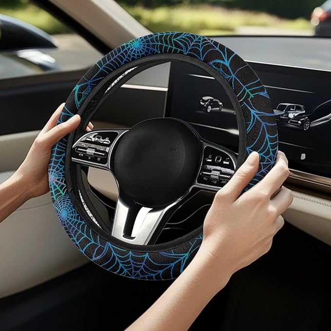 SEANATIVE Blue Cobweb Auto Steering Wheel Cover Auto Interior Protector Accessiores,Non-Slip Universal fit 15 inch, for Van Car Sedan SUV