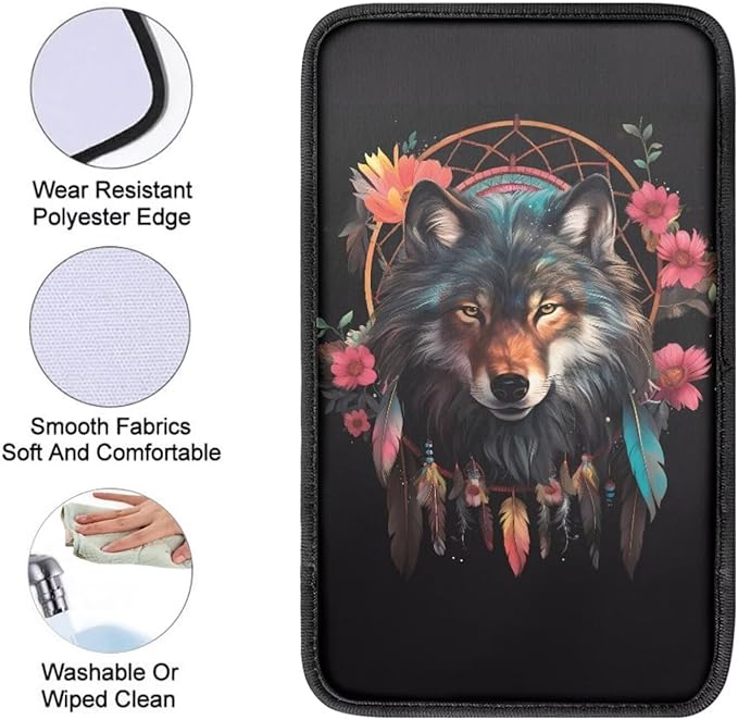 Dreamcatcher Wolf Floral Print Car Center Console Cover,Universal Armrest Cover Pads for Most Cars,SUV