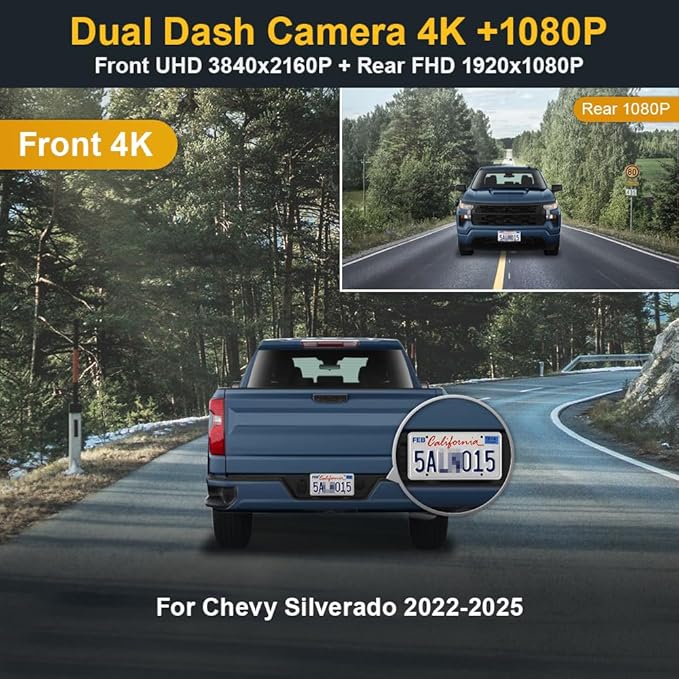 Fitcamx Front 4K+Rear 1080P Dash Cam Adapts for Chevy Silverado (HD2-6272, with 6 Vents) 2022-2025 & EV, OEM Look, Dual HD Video, WiFi & APP, Loop Recording, G-Sensor, Easy to Use, 128GB Card