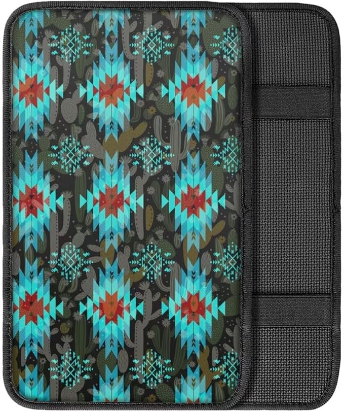 Coldinair Native Aztec Car Armrest Cover,Car Center Console Pad,Soft Seat Box Cover Protector Cushion,Car Accessories Decor for Most Cars,Sedan,Truck,SUV,Aqua