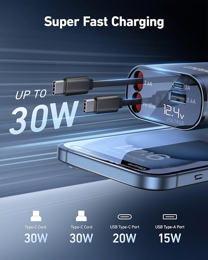 Car Phone Charger Retractable Car Charger 4 in 1 Fast Charger 30W Double USB Type C Retractable Cables 31.5 Inch and 2 USB Ports Car Charger Adapter for iPhone 17/16/15/14/13/12,Samsung,Pixel,iPad