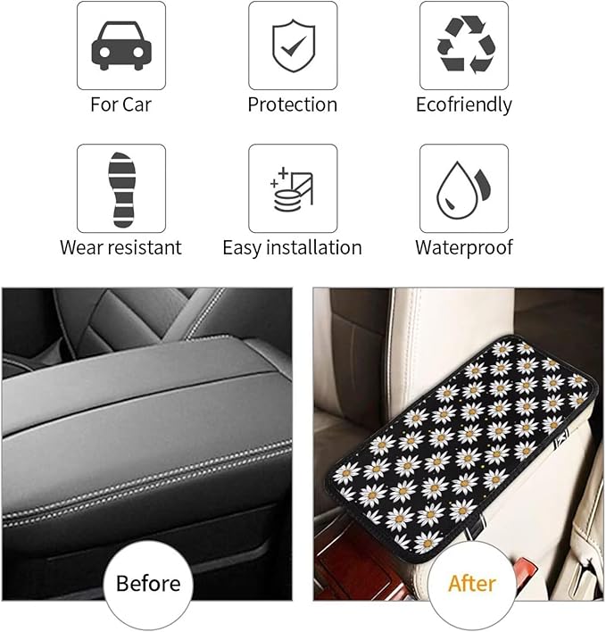 Daisy Car Center Console Cover Floral Wildflower Cute Polyester Armrest Pad Cushion Automotive Cars Center Console Lid Protector Black Car Decor Accessories