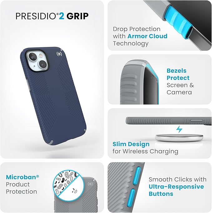 Speck iPhone 15 Case - Drop Protection, Grip - for iPhone 15, iPhone 14, iPhone 13 - Scratch Resistant, Soft Touch 6.1 Inch Phone Case - Presidio2 Grip Coastal Blue/Dust Grey/White