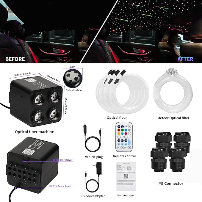 36W 4-Color Twinkle&RGBW Meteor Starlight Headliner Kit, 2-in-1 Fiber Optic Light Engine with APP Control, 800pcs0.03in9.8ft Shooting Star Ceiling Lights, Sound-Activated Star Sky Decor for Car&Home