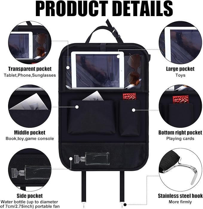 2 Pcs Backseat Car Organizers with Table Tray, 6 Storage Pockets Car Organizer with Tablet Holder, Kick Mats Protectors for Kids Travel Accessories Black, Unisex(Classic,Black)