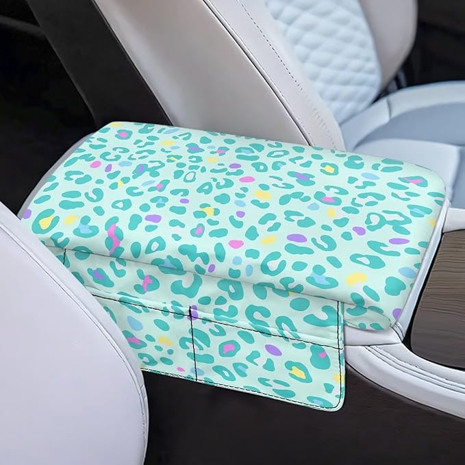 Dreaweet Teal Leopard Print Arm Rest Cover for Car Women Thick Center Console Cover Pad with Pockets Cheetah Print Car Accessories Anti-Scratch Armrest Cover for SUV Sedan