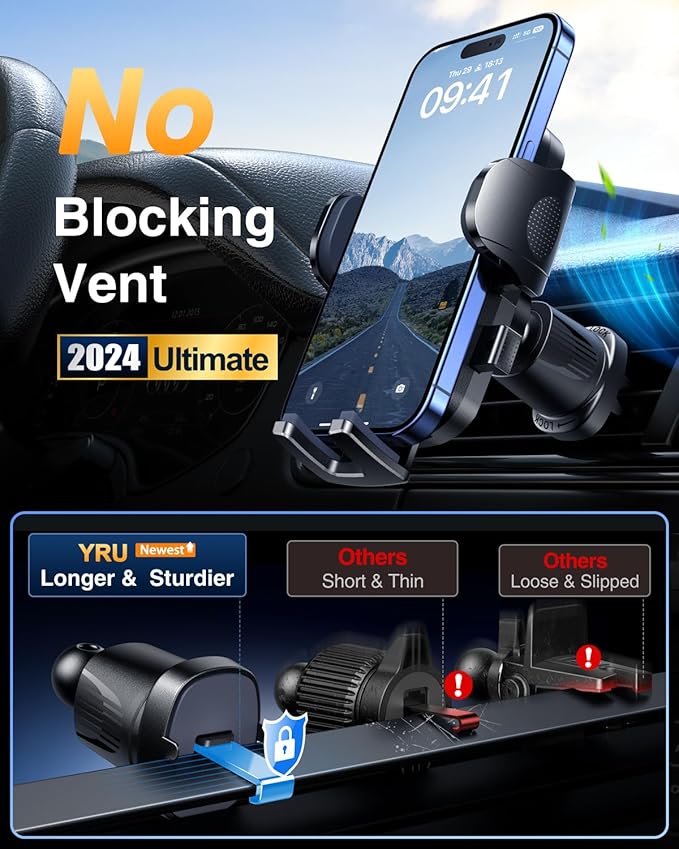 YRU True Military-Grade [360° Rotation Suction] 2026 Ultimate Car Phone Holder Mount 【90+LBS Safest Strongest & Patent Certs】 Dashboard Windshield Vent for iPhone 17 16 Pro Max Samsung, Light Gray