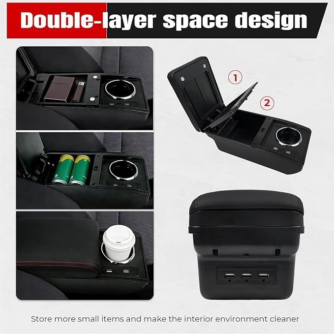 Car Armrest Storage Box Compatible with Nissan Almera Versa 2012-2019 Double Layer with 6 Ports and Cup Holder Car Interior Accessories Red Thread