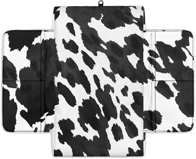 Wanyint Black White Cow Print Auto Center Console Pad Soft Armrest Box Mat Protector Non-Slip Middle Console Cover with Pockets Storage Bag Hand Rest Pillow Automobile Decor Accessories