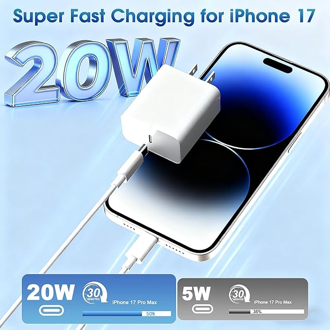 [3 Pack] Long 10FT iPhone 17 Charger 20W Fast Wall Charger Block,[Apple MFi Certified] 10Foot USB C Cable Fast Charging for iPhone 17 Pro Max/17 Pro/Air/iPhone 16 Pro/16 Plus/16E/15 Pro,iPad 2018-2025