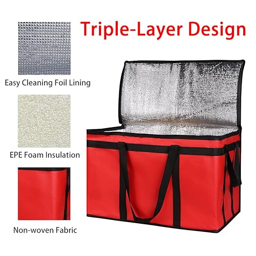 Bodaon Insulated Food Delivery Bag for Pizza Delivery, Grocery Cooler Bag, Food Warmers for Parties, Catering Supplies for Rideshare, Thermal Bags for Cold and Hot Food Carrier (Red, XXX-Large, 1-Pack