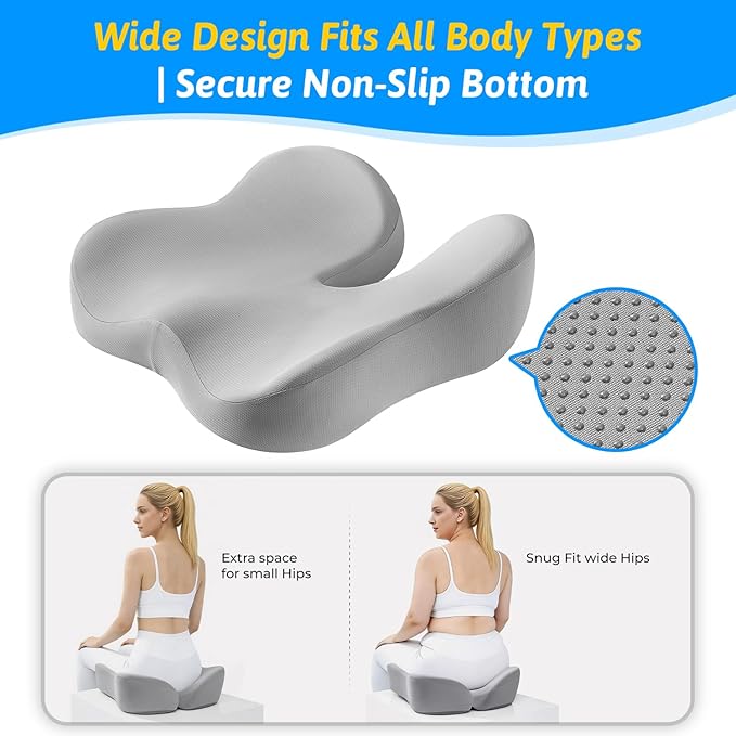 Seat Cushion for Tailbone & Sciatica Pain Relief - Plush Yet Supportive Ergonomic Memory Foam Chair Cushions for Office Chair, Car, Wheelchair,Airplane & Long Sitting(Light Gray)