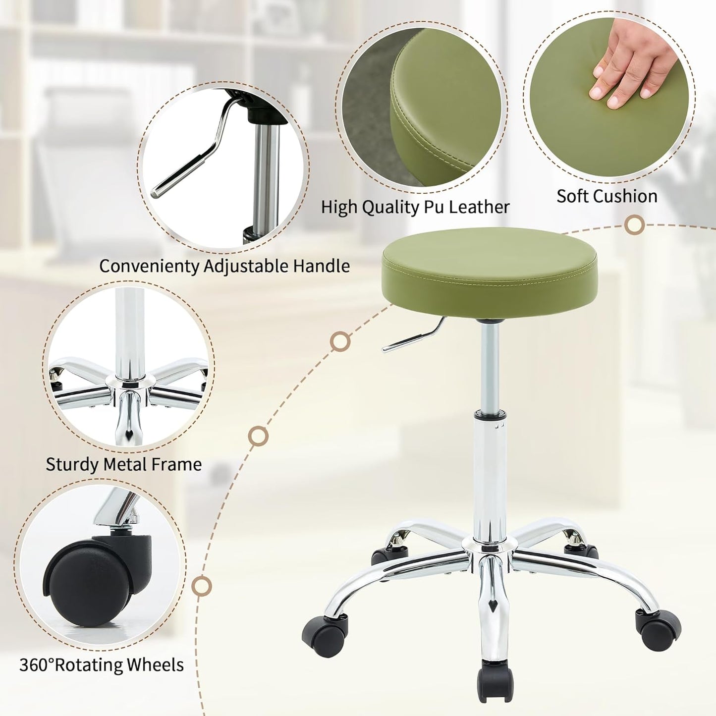Tattoo Stool with Wheels,Adjustable Rolling Massage Chair19.5’’-26.6’’, Green Salon stools for Hair Stylist (Green)