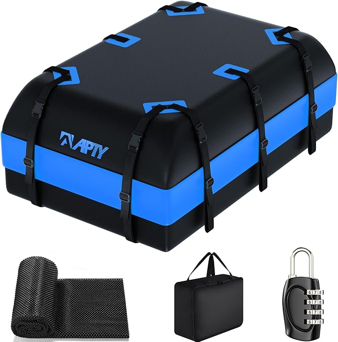 21 Cubic Feet Car Rooftop Cargo Bag Carrier, Soft Roof Top Luggage Bag for All Vechicles with/Without Racks - with Waterproof Zip, Luggage Lock, Anti-Slip Mat, Storage Bag, Door Hooks, Blue