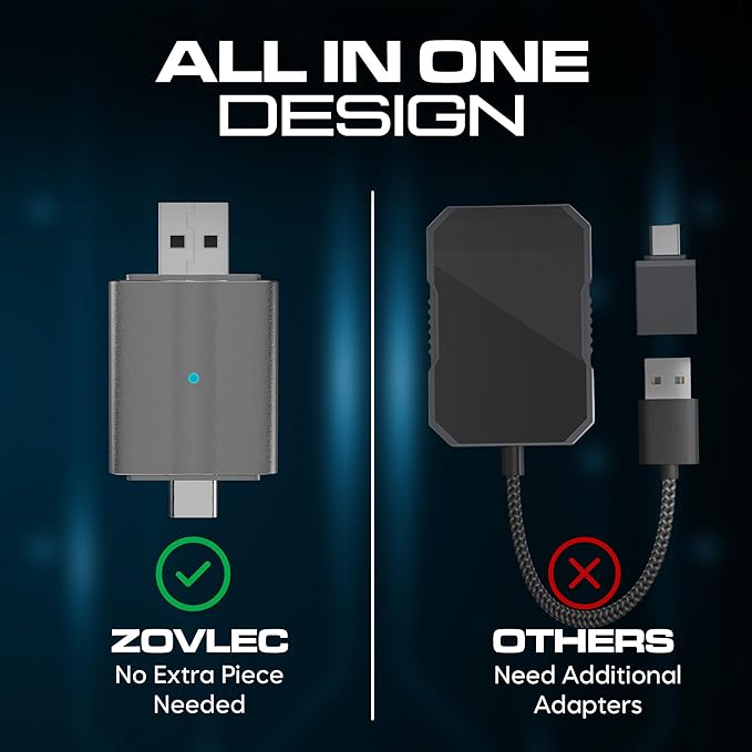 2026 Zovlec Apple CarPlay, Android Auto Wireless Adapter, Plug & Play Dongle for iPhone iOS 10+, Android 11+, USB Carplay, Fast Auto-Connect