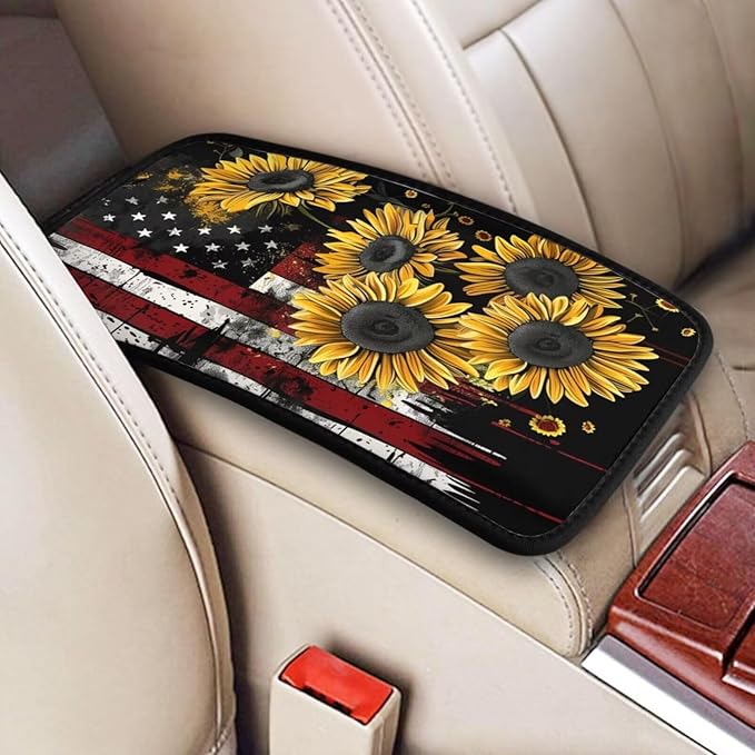 American Flag Sunflower Car Center Console Cushion Pad Rustic Flower Yellow Arm Rest Covers Universal Armrest Seat Box Cover Protector Comfortable Cars Decor Accessories
