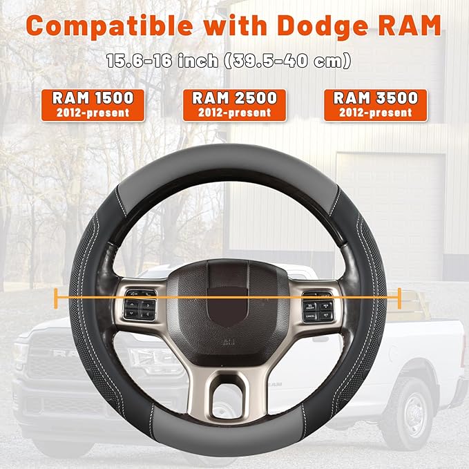 GIANT PANDA Car Steering Wheel Cover for RAM 1500 2500 3500, Compatible with Dodge RAM 15.5-16 inches - Black+Gray