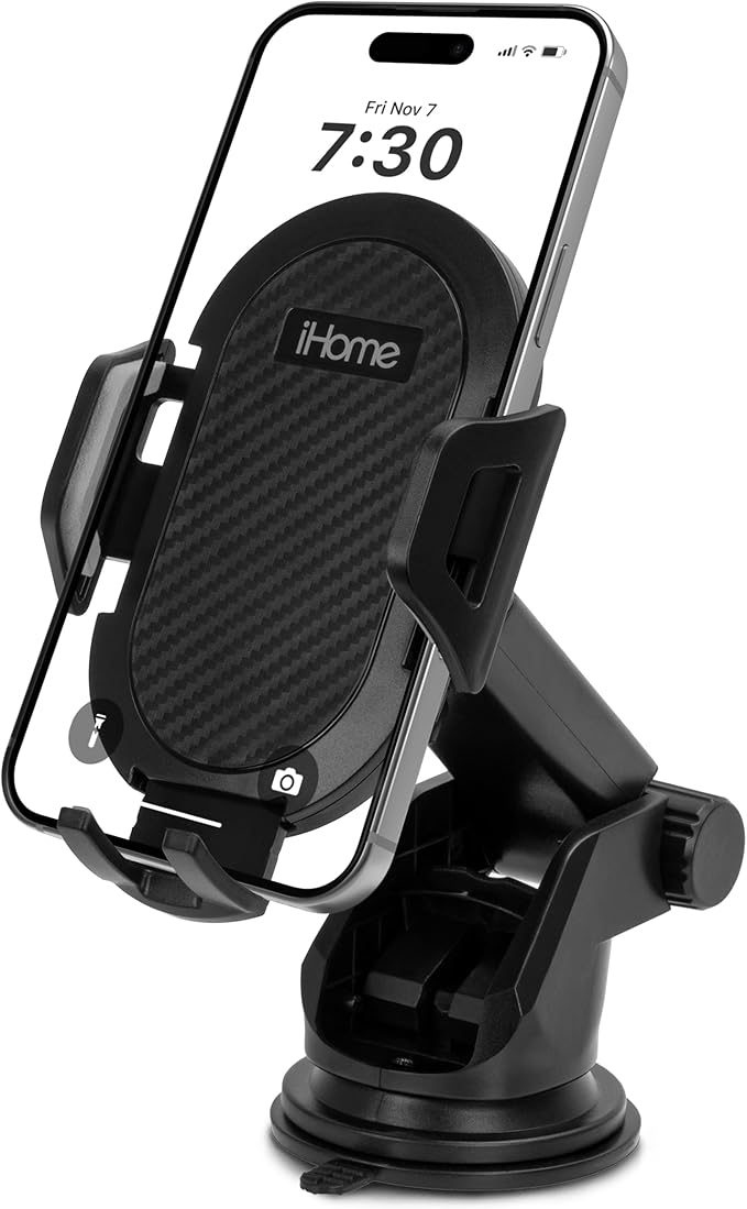 iHome Car Mount, Dashboard/Windshield/Vent Mount, Swivel Neck, Silicone Grip, Adjustable Mount Arm with Suction Cup Base (Extendable Car Mount)
