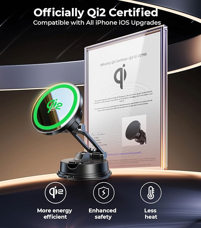 Certified Qi2 Car Phone Mount Charger for MagSafe, 360° Adjustable & Folding Arm, Universal Dashboard Windshield Mirror Screen Magnetic Holder for Tesla Model 3/Y Accessories & iPhone 17/16/15 Pro Max