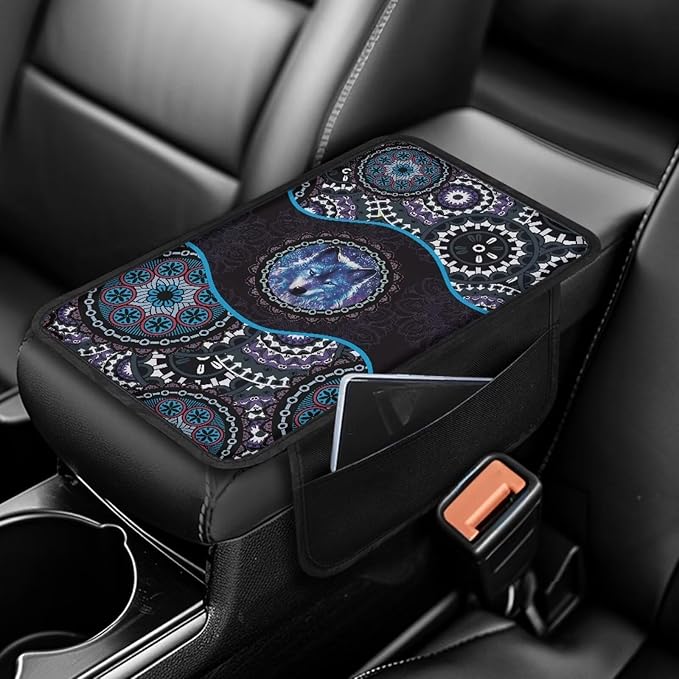 Wolf Boho Mandala Pattern Car Center Console Cover with Side Pockets Elastic Automobile Armrest Pad Comfortable Armrest Seat Box Cover Protector Car Decor Accessories