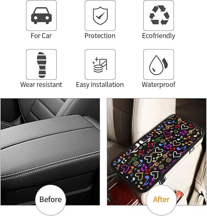 Car Armrest Cover Auto Center Console Pad Arm Rest Cushion Soft Car Accessories Universal for Most Vehicle (Musical Notes Pattern Design)
