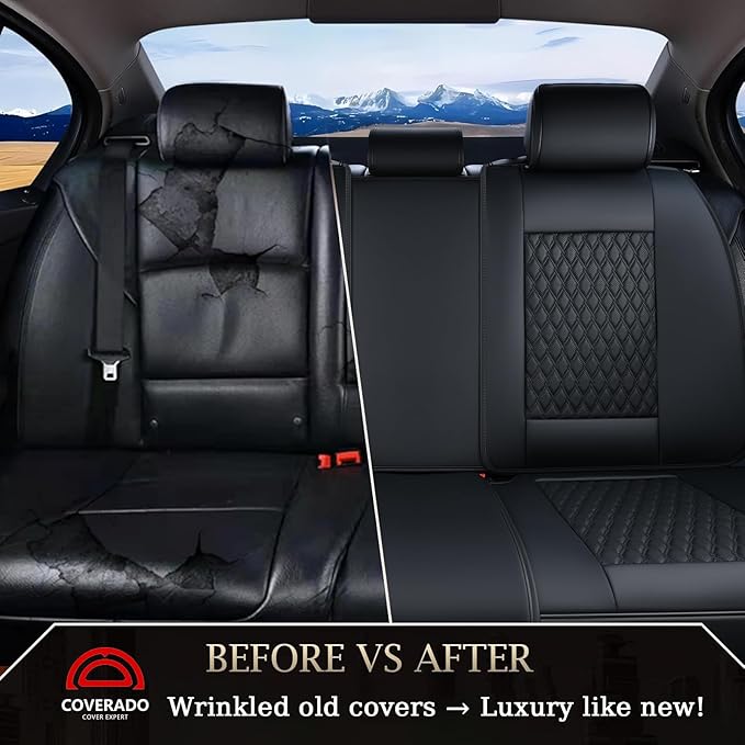 Coverado Rear Seat Covers, Leather Seat Cover for Car, Universal Waterproof Automotive Seat Cushion Protector for Most Cars Trucks SUV (Black)