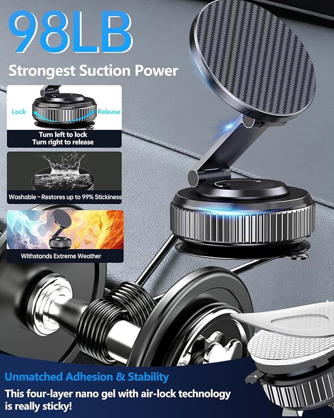 Car Phone Holder for MagSafe - Magnetic Vacuum Mount 360° Adjustable, Compatible with iPhone 17-12 Series & Android Devices, Cell Phone Holder for Your Car Dashboard Windshield with Magnetic Ring