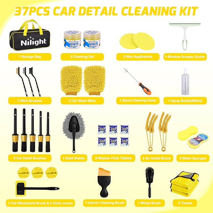 Nilight 37PCS Car Detailing Kit Auto Cleaning Tools Wash Set with Storage Carry Bag Home Use for Interior Exterior Deep Clean Car Care Windshield Dashboard Seat Air Vents Wheels Tires, Yellow