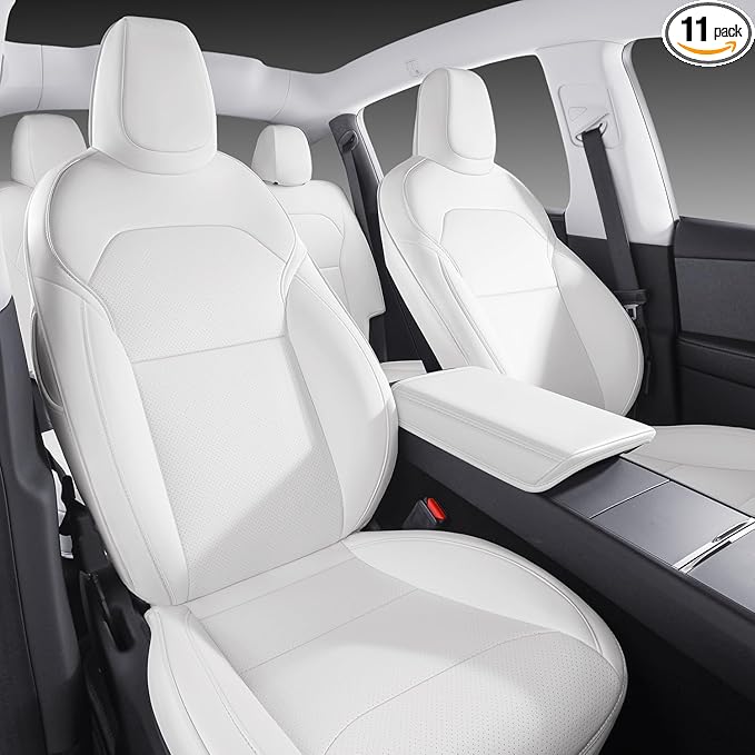 Car Seat Covers for New 2025 Tesla Model Y Juniper Nappa Leather Car Interior Seat Airbag Compatible Cushion Cover Full Set Custom Fit 2025-2026, Nappa White