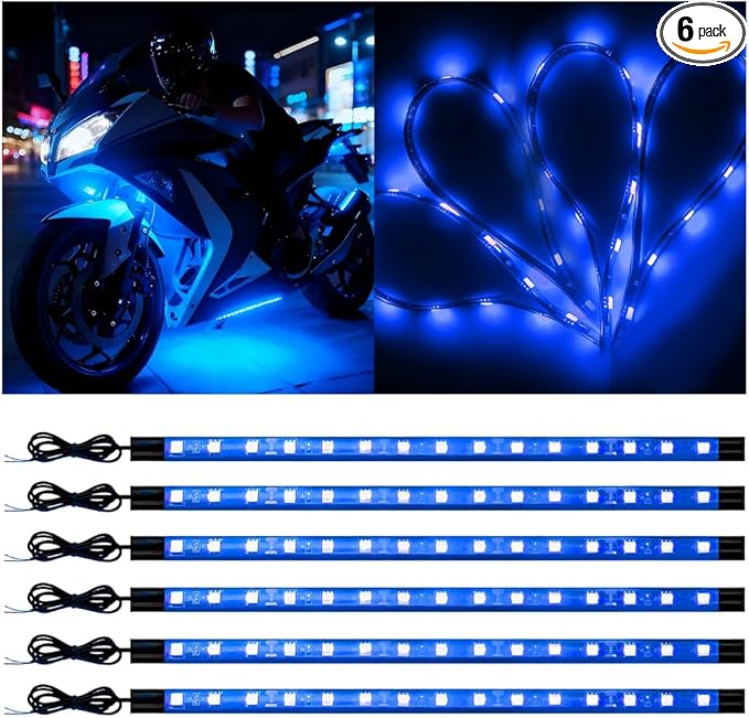 Motorcycle RGB LED Light Kit, 6PCS DC 12V Waterproof Motorbike Underglow Strip Lights Kit, Golf Cart Exterior Ground Effect Atmosphere Lamp, Universal for SUV RV Truck (Blue)
