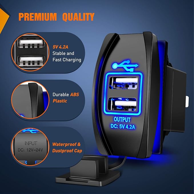 Nilight Dual USB 4.2A Rocker Switch Style 12V/24V Fast Socket Waterproof Quick for Cars Boats Trucks RVs, 2 Years Warranty, Blue