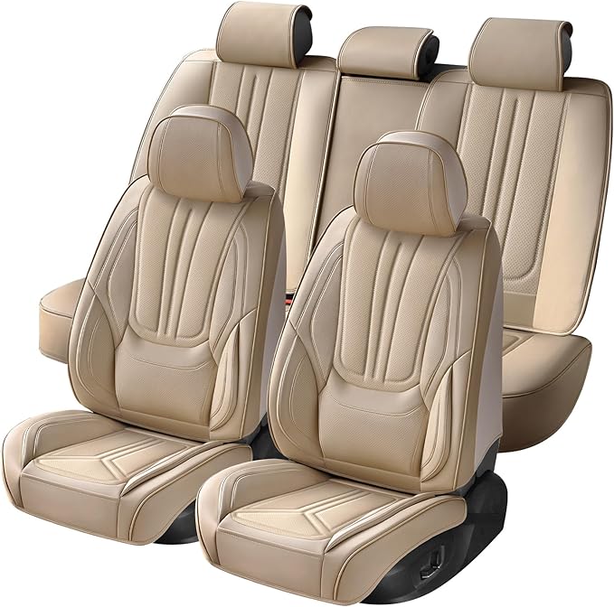 Car Seat Covers, Premium Leather Car Seat Covers, Waterproof and Breathable Seat Covers, Universal Car Seat Protector Fit for Cars, Trucks, SUVs, Pick-ups (Beige, FullSet)