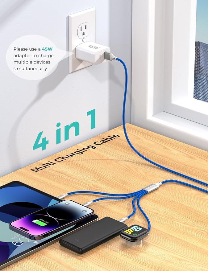 2Pack Multi Charging Cable for Apple Watch Charger 4 in 1 Travel Essentials RV Camping Essentials USB C/L/Micro Compatible with iWatch Series 11-1/iPhone 17/16/15/Android Airplane Gadgets-4FT/Blue