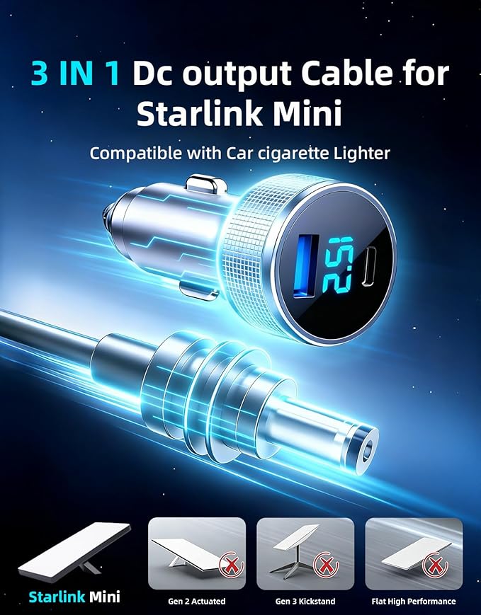 Starlink Mini Cable, 3 in 1 Starlink Mini Car Adapter DC Power Cable and Cigarette Lighter Adapter 12V-48V with Voltage Display, Durable USB-C PD 45W and USB-A 35W Ports，Suitable for Cars（16.4FT）