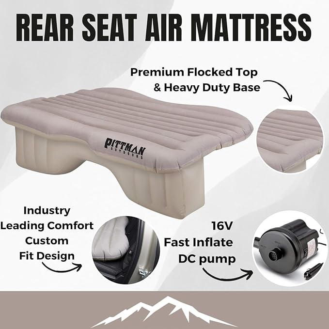 Pittman Outdoors Backseat Bed Air Mattress – 55” Rear Seat Air Mattress for Mid Size Trucks, Vans & Large SUV – Includes Pump, Pillow & Storage Bag – Inflatable Back Seat Air Mattress – DarkTan