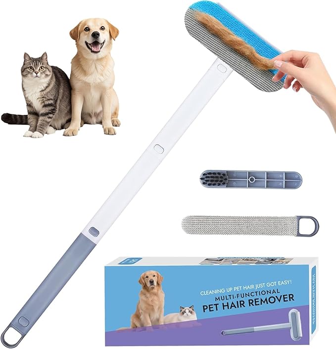 Pet Hair Remover for Furniture, Reusable Lint Roller for Dog and Cat Hair - 20.5" Multifunctional Fur Removal Tool with Long Handle Squeegee Gentle on Couch Carpets Clothes Bedding (Bl, Hand Operate)