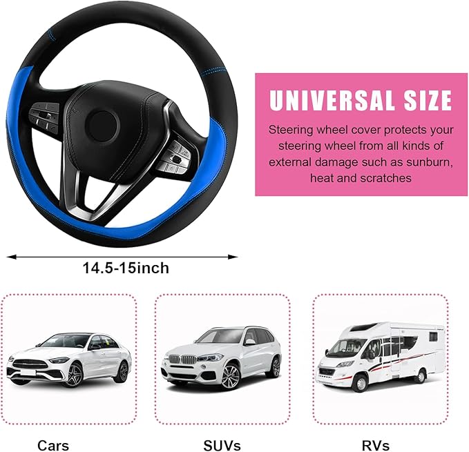 Car Steering Wheel Cover, Universal 15" Anti-Slip Auto Steering Wheel Protector for Men Women, Breathable Odor Free Leather Steering Wheel Car Accessories Fit Most Vehicles (Blue)
