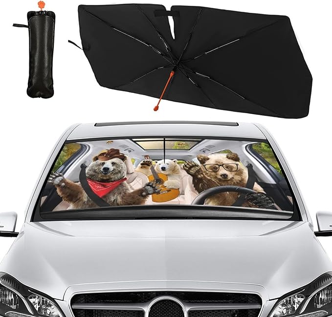 Socira Funny Bear Car Window Shades Windshield Sun Shade Umbrella Foldable Bear Sunshade for Front Window Auto Windshield Sunshade Covers Bear Car Accessories 57'' X 30''