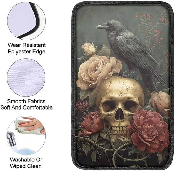 Skull Crow Print Center Console Pad Peony Print Armrest Cushion Cover for Cars Dust-Proof Decorative Armrest Seat Box Cover for Auto Interior
