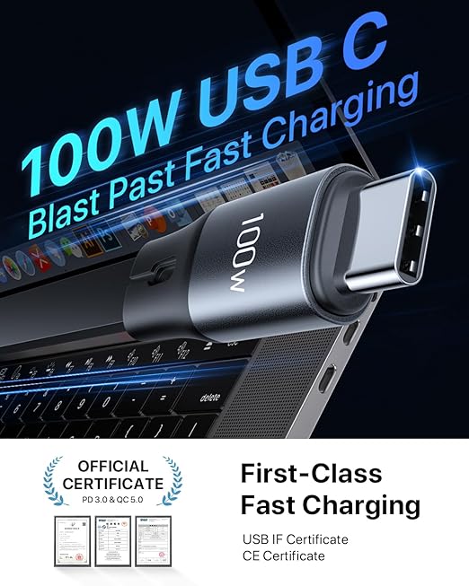 CAFELE 100W Retractable USB-C to USB-C 5A Fast Charging 3-in-1 Cable, Features Magnetic Charging and Overheating Protection, 4.3-Foot USB Type-C for Phone, Notebook, Pad, Watch（Gray）