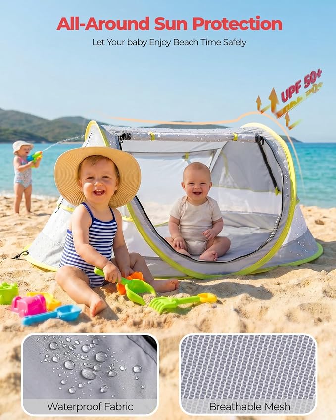 Poray Portable Baby Beach Tent with UPF 50+ Sun Shelter,Mosquito Net and Sunshade, Ideal Pop Up Kids Travel Tent with Carry Bag & 2 Stakes,Outdoor Indoor Play and Sun Protection