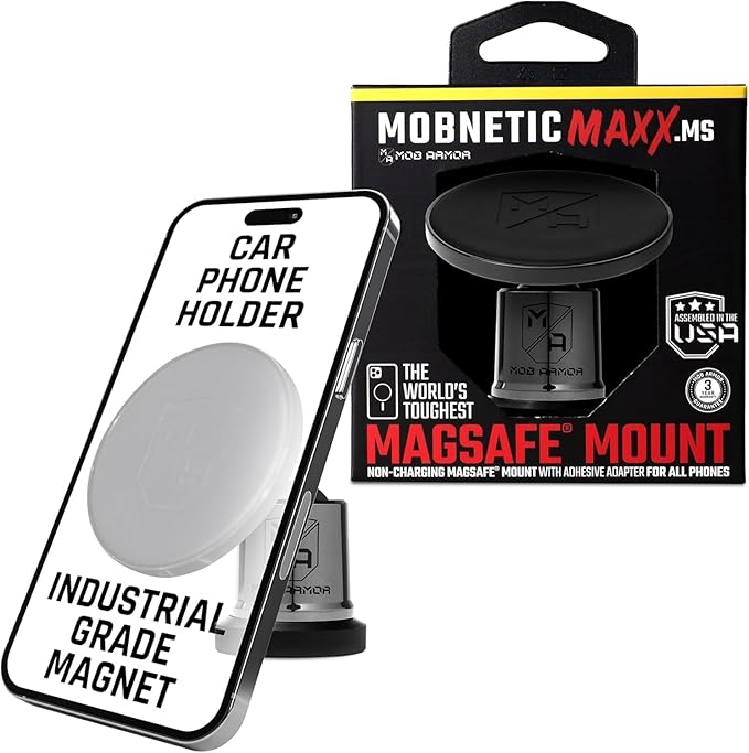 Mob Armor MobNetic Maxx MS - MagSafe Compatible Car Phone Mount w/ 90º Tilt, 360º Rotation & Durable Aluminum Build, Magnetic Holder for iPhone & Android Devices, USA Assembled - Black Chrome