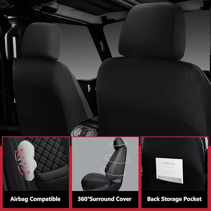Wrangler Seat Covers 2007-2026 Front Pair, Waterproof Leather Interior Sets with Lumbar Support Custom Fit for Jeep Wrangler JK JL 2/4 Door Unlimited Sahara/Sport/Rubicon X 392 Willys, Black
