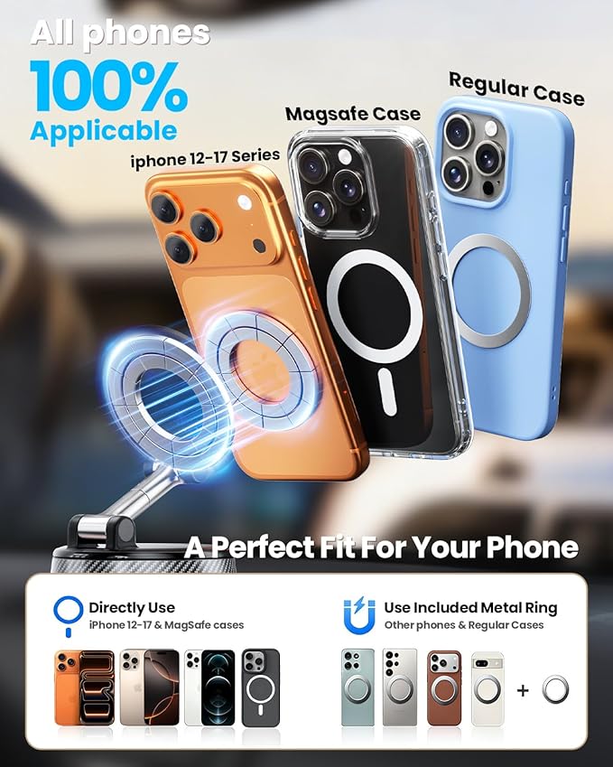 Upgraded Car Phone holder for Magsafe [120LBS Suction Cup & 3000gf Magnet ] 1100° Adjustable Vacuum Magnetic Phone Holders for Your Car, Dashboard Car Mount Bracket for iPhone & Android, Carbon Fiber