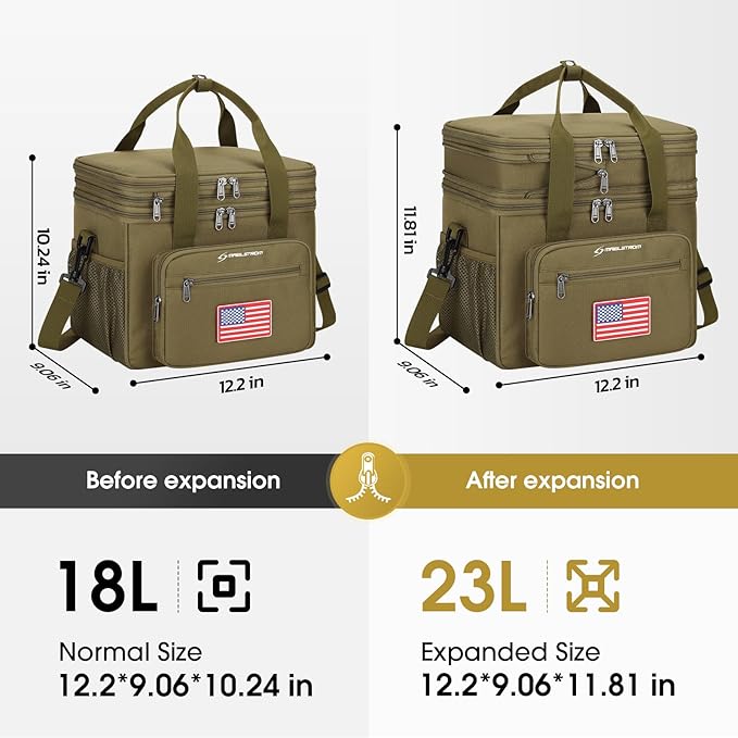 Maelstrom Lunch Box, 23L Insulated Lunch Bag, Expandable Double Deck Cooler Bag, Lightweight Leakproof Tote Bag With Side Tissue Pocket, Suit For Men and Women (H Khaki with DIY Hook-and-Loop)